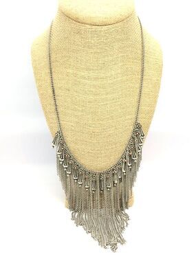 BOHO FRINGE Silver Tone Necklace Statement Bib Coral Dangle Festival